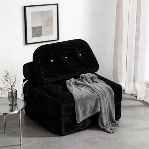 NESLAKO Folding Sofa Bed, Flannel Futon Couch Bed with Pillow and Blanket, Convertible Sleeper Chair for Small Space Apartment Guest Room, Black - Image 1