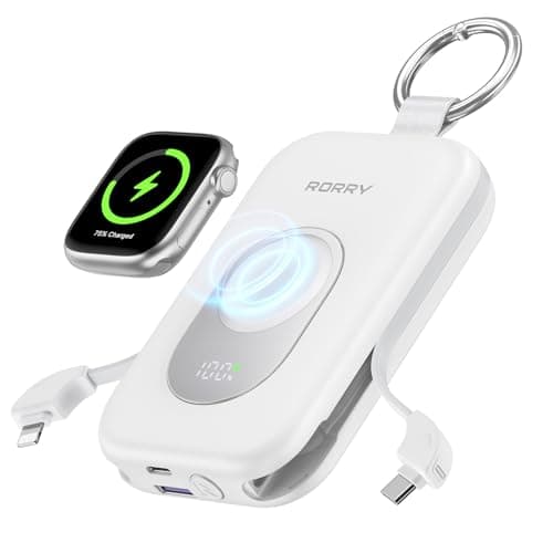 RORRY Portable Charger, 20000mAh PD 30W Portable Charger Power Bank with 2 Built-in Cables, Super Fast Charging Battery Pack with Keychain, Travel Essentials for iPhone, Apple Watch, iPad, White - Image 1