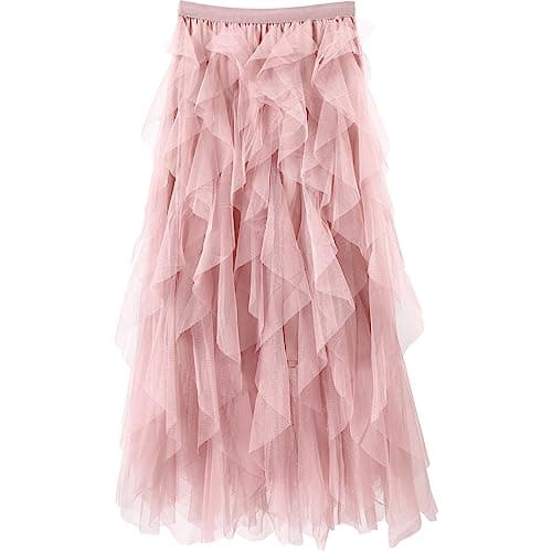 Women Tulle Skirts Layered Tutu Skirt Midi Length Elastic High Waist A Line Skirt (Pink) - Image 1