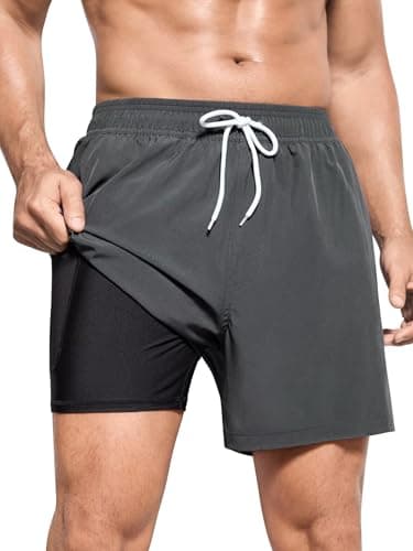 SILKWORLD Mens Swim Trunks with Compression Liner Swimming Shorts Quick Dry Bathings Suits with Zipper Pockets, Charcoal Grey, Large - Image 1