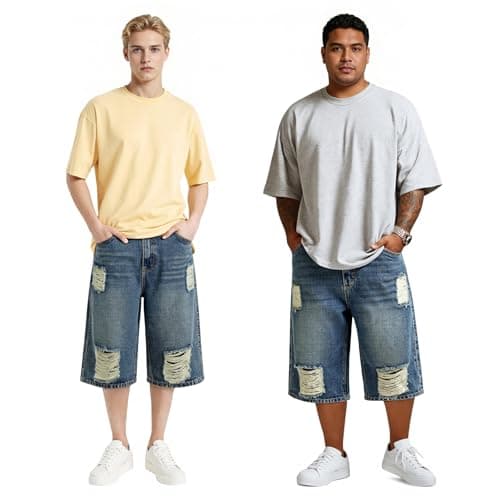 Heyfanee Mens Baggy Jean Shorts Ripped Long Jorts Men Y2k Vintage Denim Shorts for Men Loose Fit Washed Blue 28 - Thumbnail 4