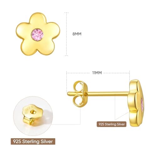 S925 Sterling Silver Stud Earrings for Women-Flower Stud Cubic Zirconia Post Earrings 18K Gold Plated Hypoallergenic Earrings Dainty Jewelry Gifts 6 CZ Colors Options for Mother Wife Sisters Friends (Gold - pink zircon) - Thumbnail 4
