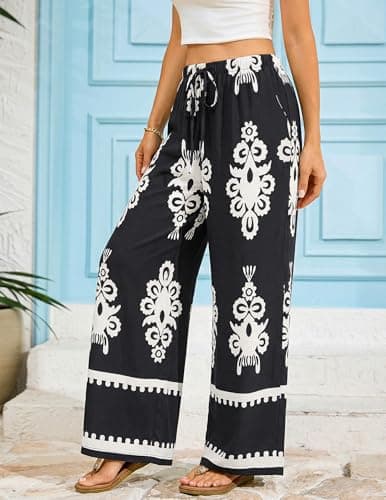 LOOKBOHO Women's Wide Leg Palazzo Lounge Pants Casual Comfy High Waist Palazzo Pants with Pockets Black White XL - Thumbnail 6
