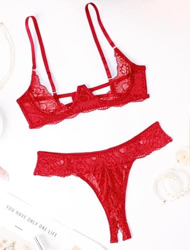 Avidlove Sexy Bra with Panties Mesh Sheer Push Up Lingerie Set Lace Underwire Lingerie Red S - Thumbnail 3