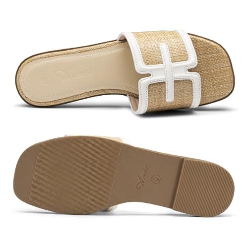 Athlefit Raffia Flat Sandals for Women Comfortable Square Open Toe Slip On Summer Beach Casual Slide Sandals Natural Size 7 - Thumbnail 5