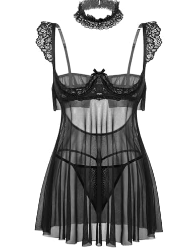 Avidlove Lingerie for Women Sexy V Neck Sheer Mesh Lace Underwire Push Up Babydoll Lingerie Dress Black L - Image 1