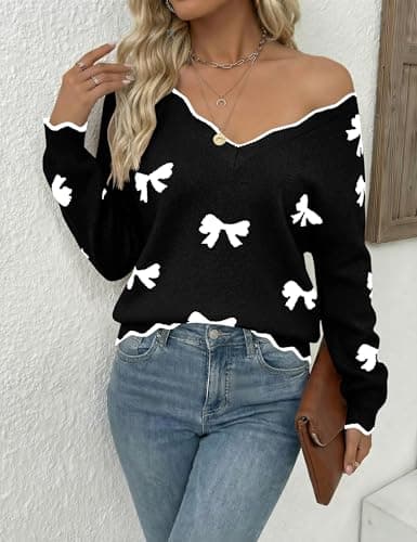LaGracia Womens Fall V Neck Sweater 2026 Lightweight Casual Long Sleeve Ribbed Knit Pullover Sweaters Dressy Fall Outfits Black-Bow M - Thumbnail 5