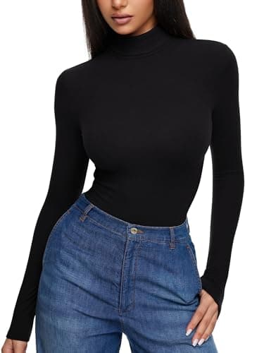 REORIA Womens Turtleneck Long Sleeve Tight Shirts Basic Tummy Control Bodysuit Thermal Underwear Tops Fall Clothes Black Onyx Medium - Thumbnail 2