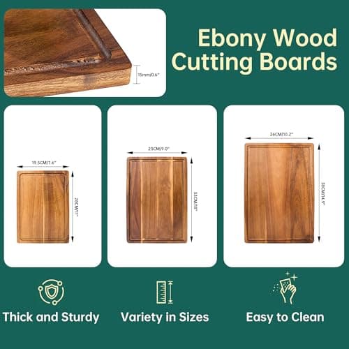 3 Pack Solid Acacia Wood Cutting Boards Set, Hardwood Chopping Boards for Kitchen, Reversible Multipurpose Board, Decorative Charcuterie Board, Bread Cheese Serving Tray - Thumbnail 3
