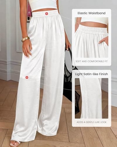 BTFBM Wide Leg Pants Woman Summer 2026 Pockets Dressy Flowy Lightweight Glitter Satin Palazzo Beach Vacation Clothes(White, XX-Large) - Thumbnail 4