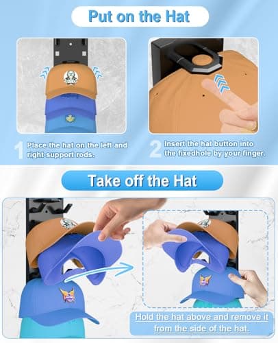 2 Pack Hat Organizer for Baseball Caps, Strong Adhesive Hat Rack for Wall, Multilayer Hat Storage Display Holder, Wall Mounted Hat Hooks Hold up to 18 Hats for Closet Door and Bedroom (Black) - Thumbnail 6