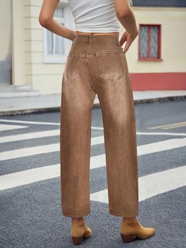 PEIHOT Mid Waist Barrel Womens Jeans Trendy Boyfriend Stretchy Loose Cropped Denim Pants with Pockets Brown - Thumbnail 4