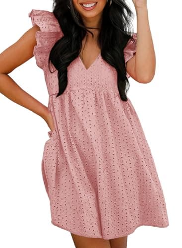 Dokotoo Beach Vacation Clothes for Womens 2026 Trendy Ruffle Sleeve Sexy V Neck Pink Dresses Elegant A Line Hollow Out Lace Ruffle Casual Dress Plus Size Summer Short Dress X-Large - Image 1