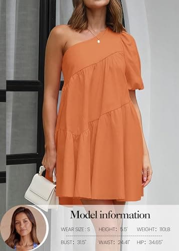 KIRUNDO Summer One Shoulder Mini Baby Doll Dresses Women 2026 Casual Puff Sleeve Loose Tiered A Line Flowy Short Dress(Orange, Medium) - Thumbnail 4