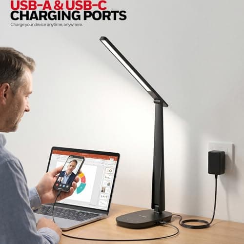 Honeywell LED Desk Lamp for Home Office, Eye-Caring Light with 4 Color Modes & Touch Control, USB A+C Charging Ports, Adjustable Rotating Head with Timer for Reading, Bedroom & Small Desks - Thumbnail 5