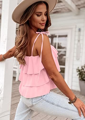 KIRUNDO Spaghetti Strap Ruffle Babydoll Peplum Tank Tops for Women 2026 Summer Cute Flowy Beach Vacation Cruise Outfits(Pink, Large) - Thumbnail 4