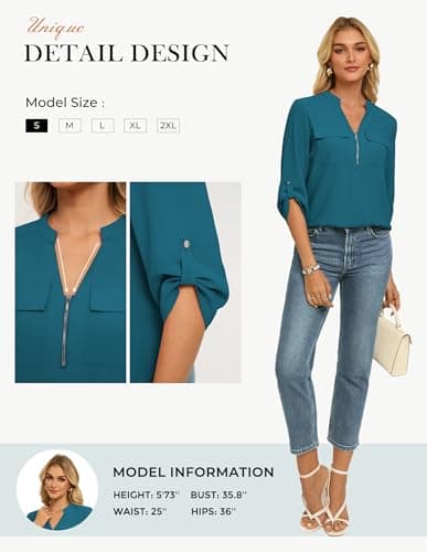 Womens Business Casual Tops,3/4 Sleeve Henley Shirts with Zip Up,Office Work Blouses Lightweight Summer Peacock Blue M - Thumbnail 5