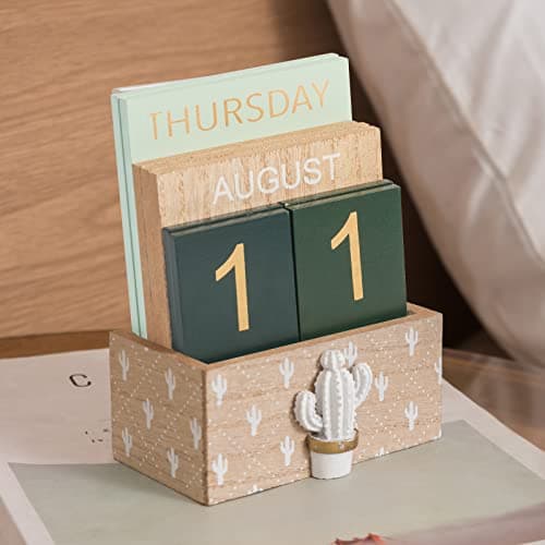 Perpetual Desk Calendar, Wooden Calendar Vintage Office Supplies Block Home Office Aesthetic Boho Desk Accessories Green Cactus Decor Gift - Thumbnail 2