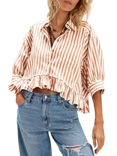 Womens Cropped Striped Shirts Button Down Half Sleeve Ruffle Bottom V Neck Casual Summer Blouse Tops Khaki XL - Image 1