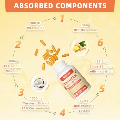 Turmeric Curcumin Supplement with MCT Oil 50mg,120 Capsules 1000mg Turmeric Extract 95% Curcuminoids,Fat Soluble Vitamin C,Bee Propolis, Ginger,Vitamin D3,Zine,Non-GMO, Gluten Free (2) - Thumbnail 3