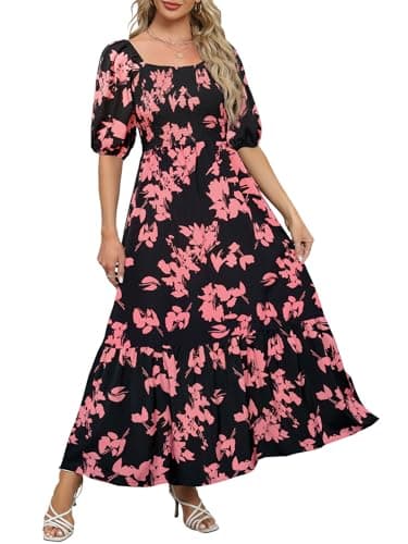 Lyrur Summer Smocked Dresses with Pockets Puff Sleeve Square Neck Smocked Tiered Ruffle A-Line Flowy Maxi Sundress(M,7017-Black Pink Floral)