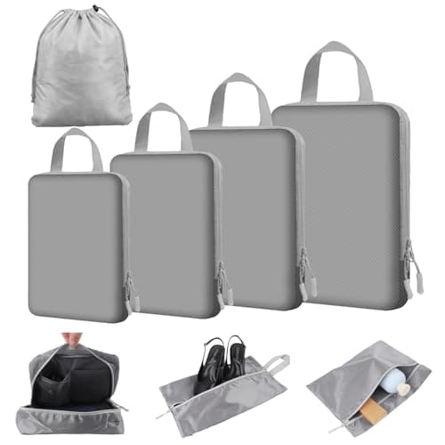 NBERMOTION 8 Set Expandable Compression Packing Cubes for 3–7 Day Travel, Solid & Plaid Fabric Travel Organizers, Double-Zipper Storage Bags for Carry-On & Suitcases(8set-Grey)