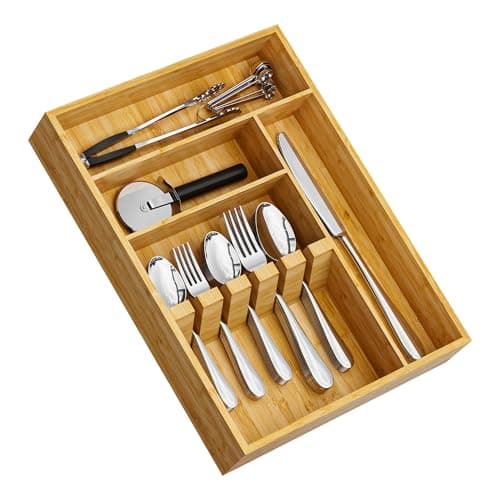 Yofidra Bamboo Silverware Organizer, 16.3″x12.24″x2.6″ Kitchen Utensil Drawer Organizer, Silverware Tray for Drawer with Fixed Slots for Spoons, Forks & Knives, Natural - Image 1