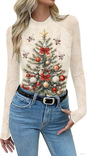Mesh Long Sleeve Shirts for Women See Through Graphic Tees Sexy Costumes Y2k Mock Christmas Party Outfits Western Rodeo Tops - Image 1