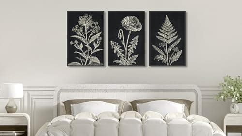 Large Framed Botanical Wall Art, Minimalist Floral Canvas Prints, Black and White Farmhouse Plant Artwork Flower Pictures for Living Room Bathroom Bedroom Office Décor 20"x28"x3Pcs - Thumbnail 2
