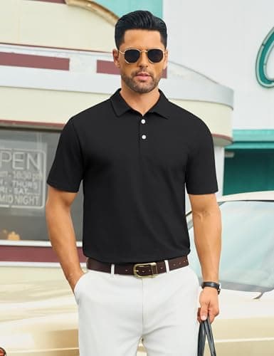 Cotrasen Mens Polo Shirts Cotton Short Sleeve Pique Button Golf Shirts Classic Fit Collared T-Shirts Black XL - Thumbnail 6