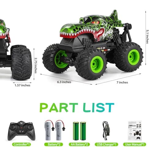 DYODYORC Remote Control Car, 2.4Ghz All Terrain Dinosaur Monster Truck Toys, RC Truck with Music, 3 Lighting Effects, 360 Stunt Capable, 2 Batteries Ready to Run, Toy Gifts for Boys and Girls (Green) - Thumbnail 2