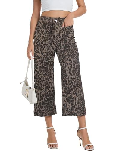 DAOAO Leopard Pants Women Cropped Jeans for Womens High Waisted Stretchy Wide Leg Jeans Woman Denim Pants Trendy L - Thumbnail 2