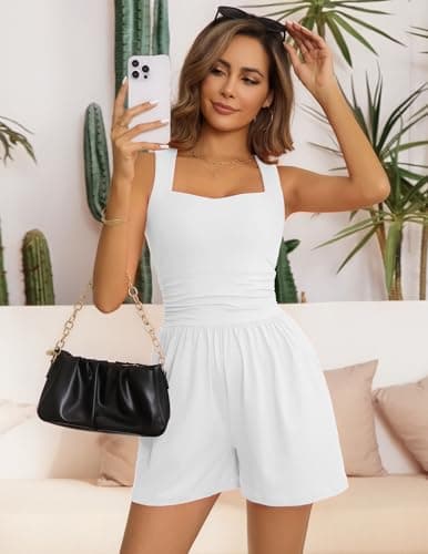 LOOKBOHO Women Rompers Summer Casual Square Neck Sleeveless Strap Short Jumpsuits Athletic Workout One Piece Outfits White XL - Thumbnail 5