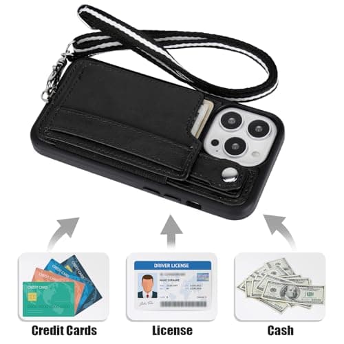 TOOVREN Phone Cover Compatible with iPhone 15 Pro Max Case with Wallet Strap Card Holder Stand Leather Cover Fits iPhone 15 Pro Max Wallet Case Lanyard for Women & Men 6.7 Inch Black - Thumbnail 4