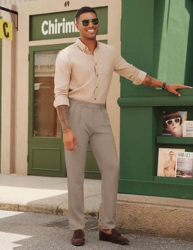 PJ PAUL JONES Men Vintage Casual Khaki Pants Lightweight Pleated Dress Pants Trousers with Pockets for Office M - Thumbnail 5