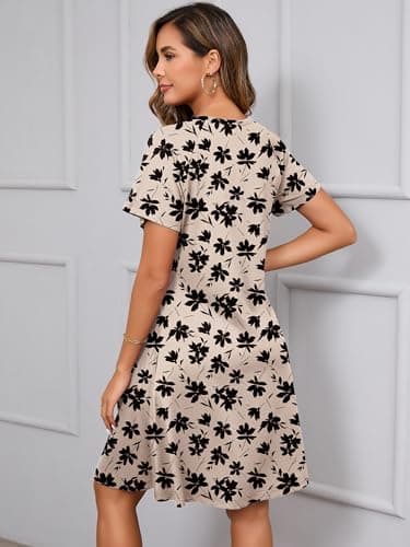 Heymoments Women Short Sleeve Dress Floral Print Medium Crew Neck Casual Flowy Cute Below Knee Sundress Comfy Shirt Teachers Summer Travel 2025 Novelty Boho Dresses with Pockets - Thumbnail 5