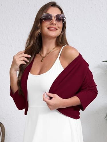 AusLook Plus Size Women Bolero Shrugs 3/4 Sleeve Burgundy 3X Open Front Knit Lightweight Coat Cropped Tops Shawls and Wraps Cardigan Dressy Sweater Clothes - Thumbnail 3