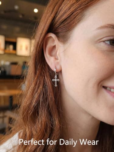 Silver Cross Earrings for Women Men - YOLYMODA Trendy Dainty Small Silver and Black Dangle Cross Hoop Earrings with CZ Charm, Chic Faith 925 Sterling Silver Post Religious Dangling Huggie Hoops - 1.16" Long - Thumbnail 2