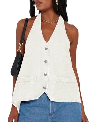 Tankaneo Womens Halter Denim Vest Tops Summer Sleeveless Open Back Y2K Going Out Jean Tank Tops V Neck Button Up Waistcoat - Image 1