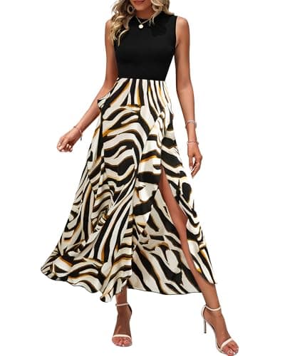 BTFBM Women Casual Sleeveless Summer Dresses 2026 Spring Crewneck Patchwork Boho Floral Ruffle Cocktail Party Midi Dress(Striped, XX-Large)