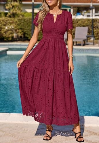 PRETTYGARDEN Short Sleeve Summer Dresses for Women 2026 Elegant Classy Boho High Waist A Line Pleated Wedding Guest Dress (Burgundy, Small) - Thumbnail 2