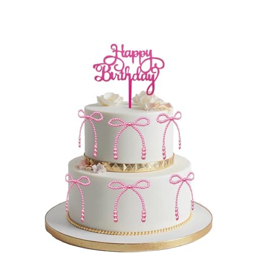 Pearl Bow Cake Toppers With Happy Birthday Cake Sign, Hot Pink Bow Coquette Birthday Cake Toppers Decorations for Princess Birthday Party Anniversary Wedding Baby Shower Decor Cake Decorating Supplies