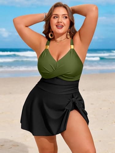 HUSKARY Slimming Tummy Control Swimsuits for Women One Piece Full Coverage Modest Bathing Suits Long Push Up Swim Dress Black Army Green - Thumbnail 4
