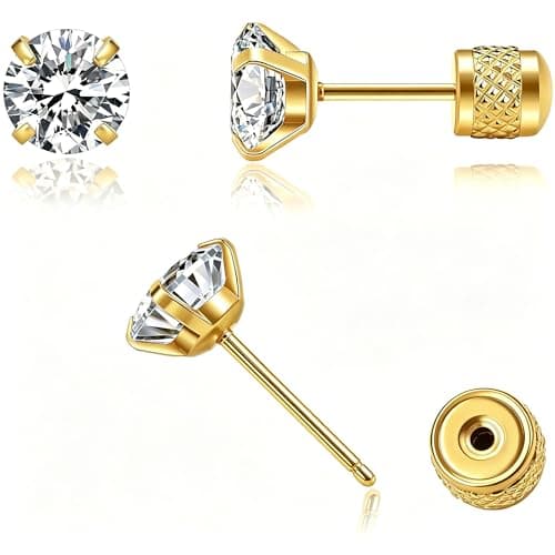Hypoallergenic Threadless Flat Back Earrings,1 Pairs Cartilage Stud for Women Men Titanium Post 20G None Screw Easy Push in Gold Black Stainless Steel Flatback with CZ 3-7mm (Gold+Clear CZ, 3mm)