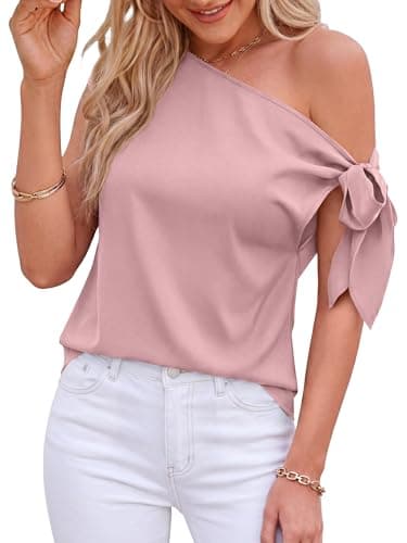 BTFBM 2026 Off The Shoulder Tops for Women Summer Shirts Short Sleeve Satin Blouses Silk Going Out Top Beach Vacation(Pink, Large) - Image 1