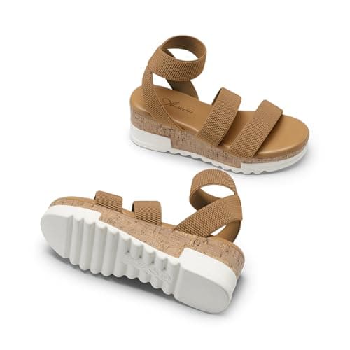 Athlefit Platform Sandals Women Open Toe Elastic Ankle Strap Wedges Comfortable Dressy Brown Flatform Sandals Size 9 - Thumbnail 4