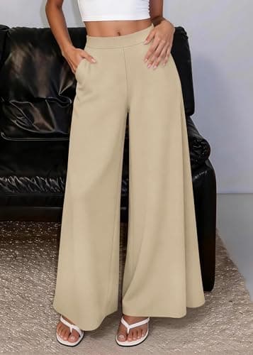 KIRUNDO Palazzo Pants for Women Dressy 2026 Spring Slacks Wide Leg High Waisted Business Casual Work Trousers with Pockets(Beige, Large) - Thumbnail 4