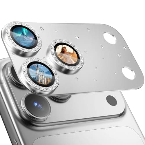 HelloDeere for iPhone 17 Pro Max Camera Lens Protector [Not Easy to Break] [Ultra Bright] Round Gold Diamond Bling Tempered Glass Metal Frame Camera Cover for iPhone 17 Pro Max Lens Case Friendly (Silver,1 Pack)