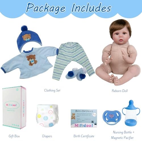 Milidool Lifelike Reborn Baby Dolls -22 Inch Realistic Newborn Soft Body Boy Baby Doll Real Life Baby Dolls with Gift Box Complete Accessories Kids Age 3+ Gifts, Pretend Play, Collection - Thumbnail 5