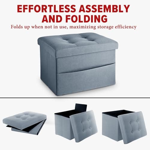 LINMAGCO Storage Ottoman Folding Foot Stool Ottoman with Side Pocket Modern Short Sofa Stool Linen Cloth 17x13x13(FogBlue) - Thumbnail 4
